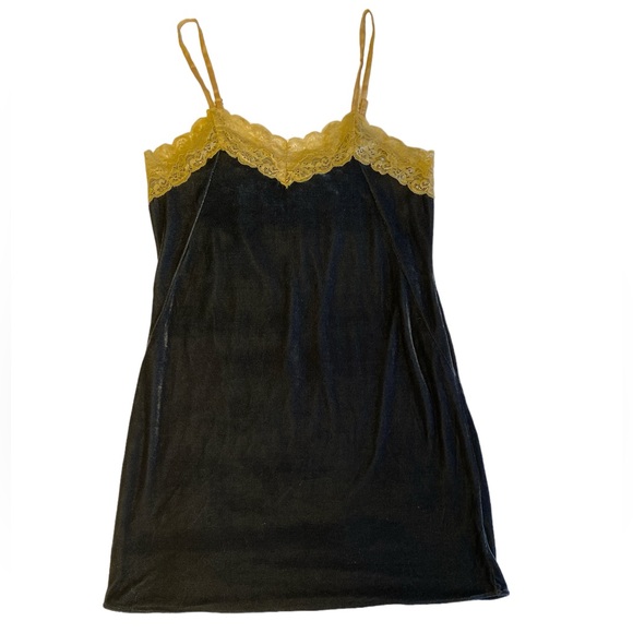 FREE PEOPLE - Aratta Velvet Dreams Navy Blue w/ Gold Lace Cami Nightgown - Picture 2 of 6
